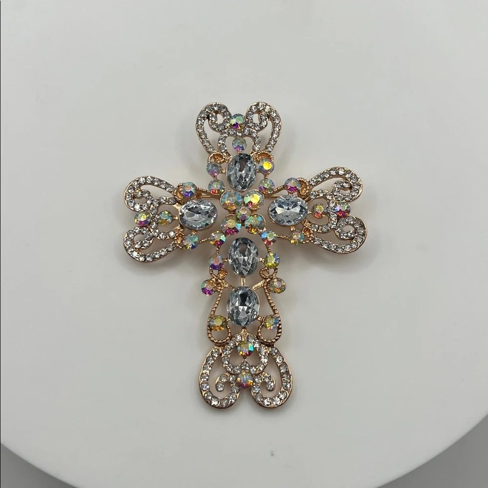 279. Gold and Crystal Rhinestone Cross Brooch
